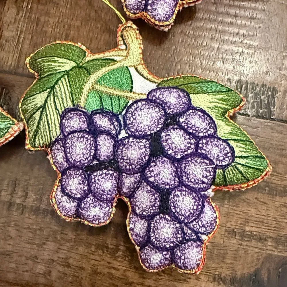 Vintage embroidered long stitch, grape ornaments